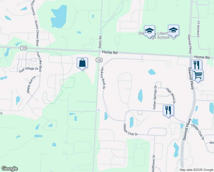 map of restaurants, bars, coffee shops, grocery stores, and more near 4305 Hickory Rock Drive in Powell