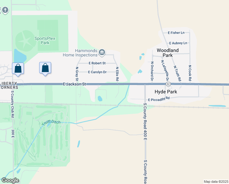 map of restaurants, bars, coffee shops, grocery stores, and more near 111 South Keystone Circle in Muncie