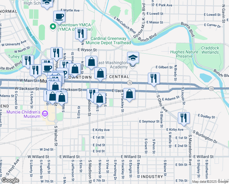 map of restaurants, bars, coffee shops, grocery stores, and more near 725 East Jackson Street in Muncie