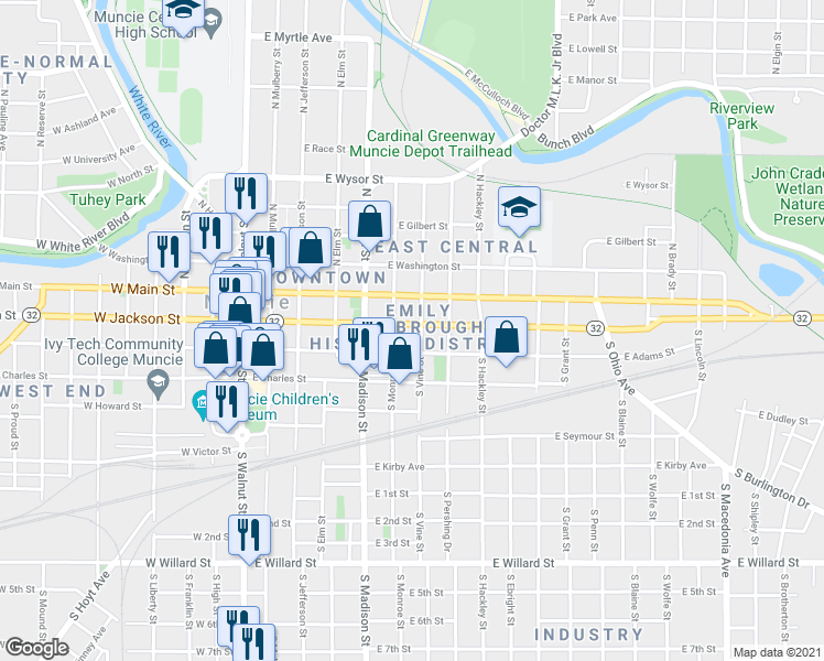 map of restaurants, bars, coffee shops, grocery stores, and more near 619 East Jackson Street in Muncie