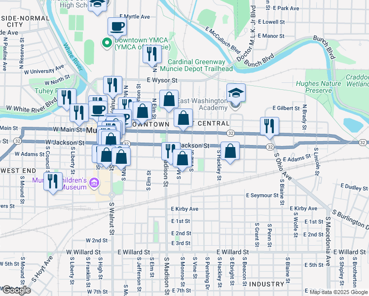 map of restaurants, bars, coffee shops, grocery stores, and more near 619 East Jackson Street in Muncie