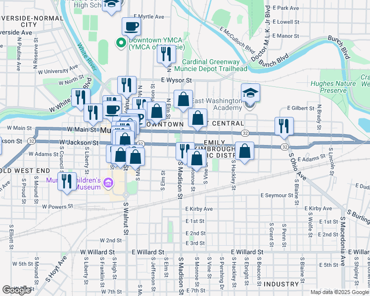 map of restaurants, bars, coffee shops, grocery stores, and more near 200 South Madison Street in Muncie