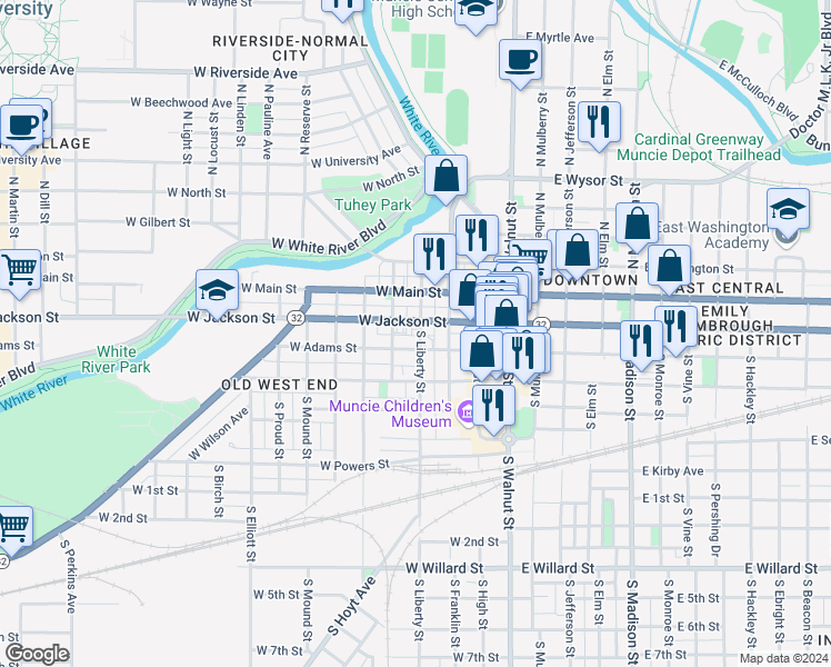 map of restaurants, bars, coffee shops, grocery stores, and more near 415 West Jackson Street in Muncie