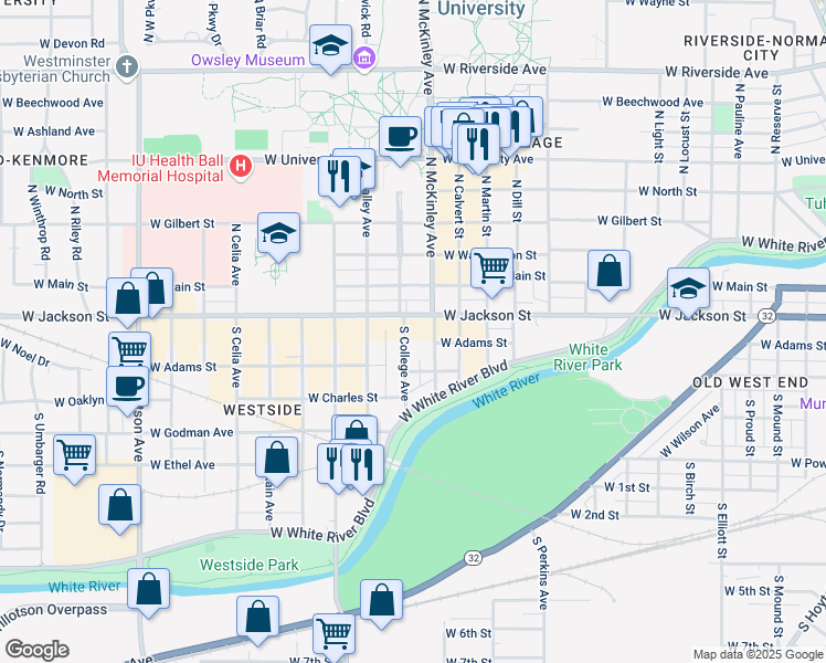 map of restaurants, bars, coffee shops, grocery stores, and more near 216 South College Avenue in Muncie