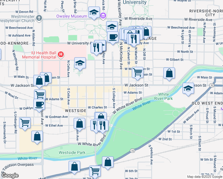 map of restaurants, bars, coffee shops, grocery stores, and more near 216 South College Avenue in Muncie