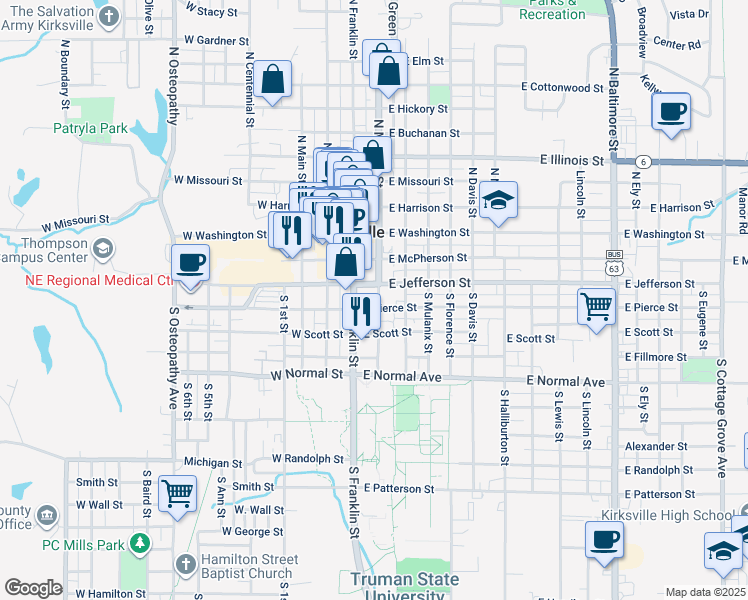 map of restaurants, bars, coffee shops, grocery stores, and more near 309 South Franklin Street in Kirksville