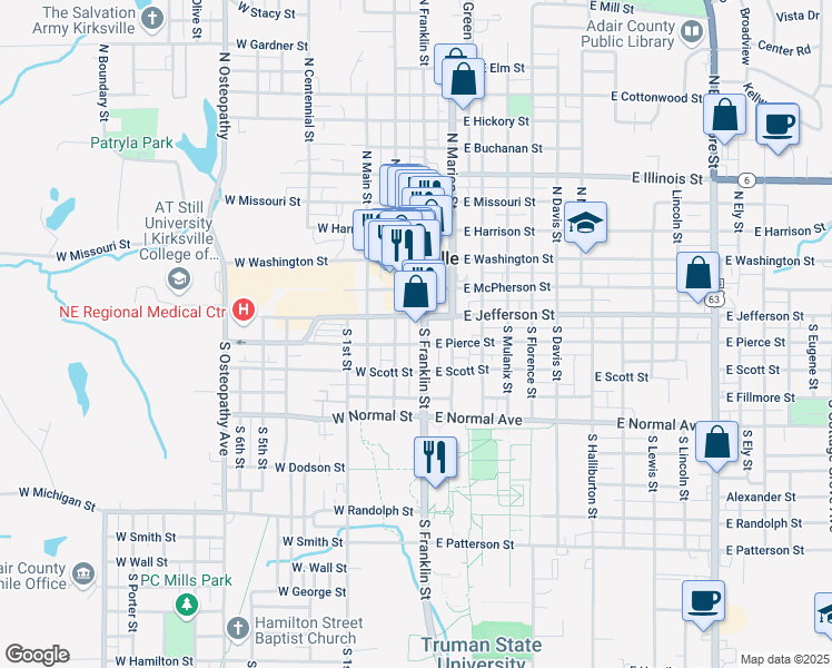 map of restaurants, bars, coffee shops, grocery stores, and more near 309 South Franklin Street in Kirksville