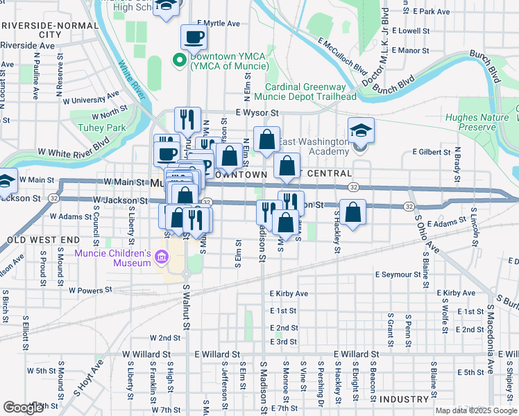 map of restaurants, bars, coffee shops, grocery stores, and more near 421 East Jackson Street in Muncie