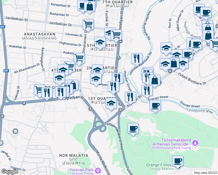 map of restaurants, bars, coffee shops, grocery stores, and more near 11 Halabyan Street in Yerevan