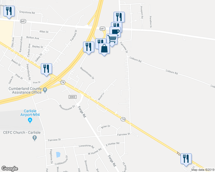map of restaurants, bars, coffee shops, grocery stores, and more near 16 Wood Lane in Carlisle