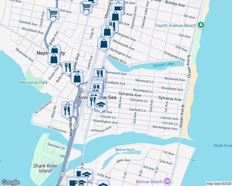 map of restaurants, bars, coffee shops, grocery stores, and more near 411 Sylvania Avenue in Avon-by-the-Sea