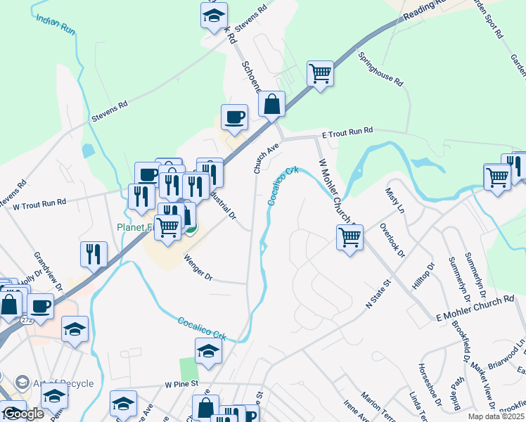 map of restaurants, bars, coffee shops, grocery stores, and more near 479 Church Ave in Ephrata