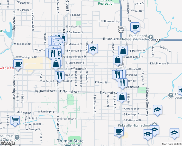 map of restaurants, bars, coffee shops, grocery stores, and more near 623 East Pierce Street in Kirksville
