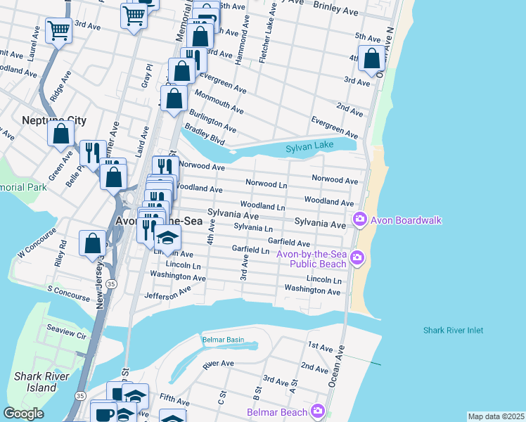 map of restaurants, bars, coffee shops, grocery stores, and more near in Avon-by-the-Sea