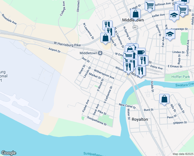 map of restaurants, bars, coffee shops, grocery stores, and more near 234 Market Street in Middletown