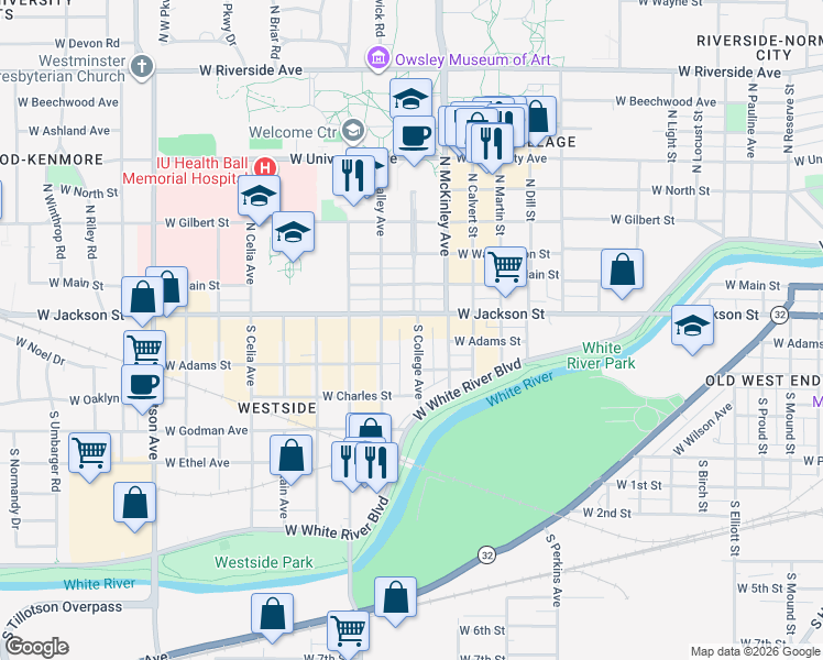 map of restaurants, bars, coffee shops, grocery stores, and more near 216 South College Avenue in Muncie