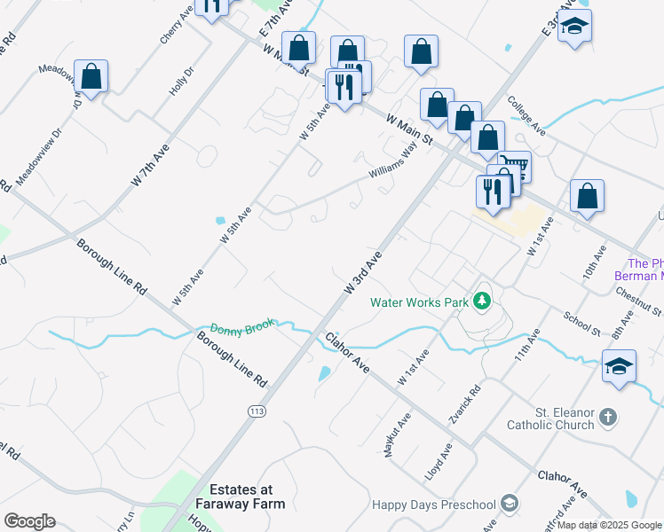 map of restaurants, bars, coffee shops, grocery stores, and more near 199 West 3rd Avenue in Collegeville