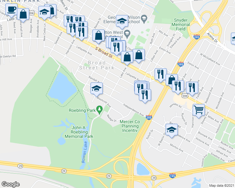 map of restaurants, bars, coffee shops, grocery stores, and more near 519 Randall Avenue in Hamilton Township