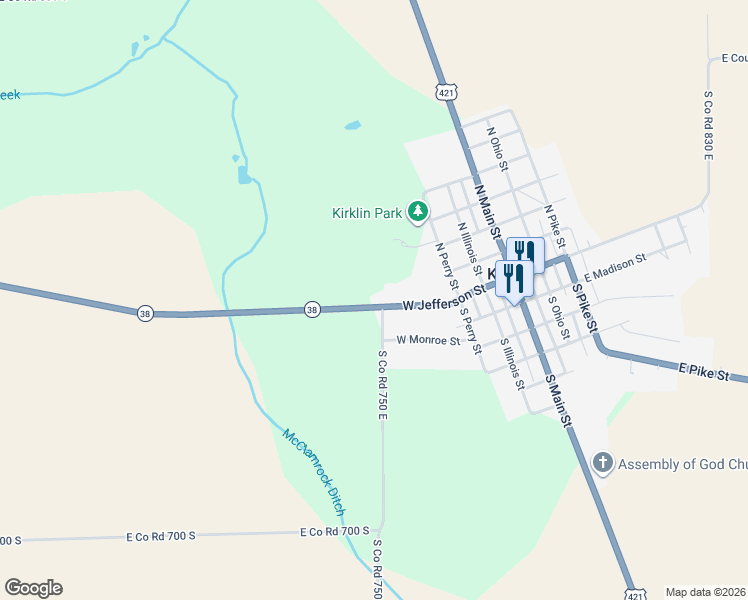 map of restaurants, bars, coffee shops, grocery stores, and more near 408 West Jefferson Street in Kirklin