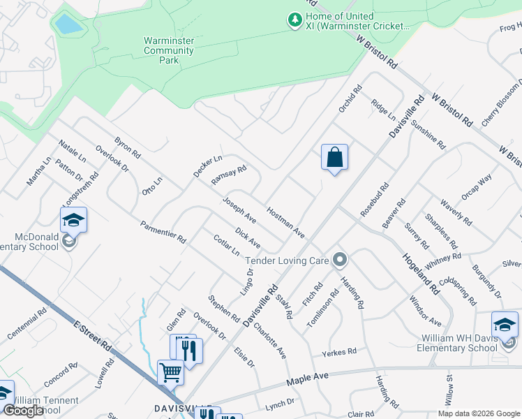 map of restaurants, bars, coffee shops, grocery stores, and more near 724 Hostman Avenue in Warminster