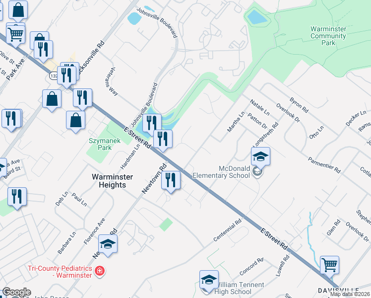 map of restaurants, bars, coffee shops, grocery stores, and more near 321 Alicia Lane in Warminster