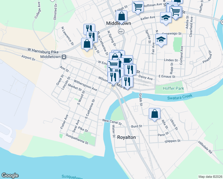 map of restaurants, bars, coffee shops, grocery stores, and more near 2 Ann Street in Middletown
