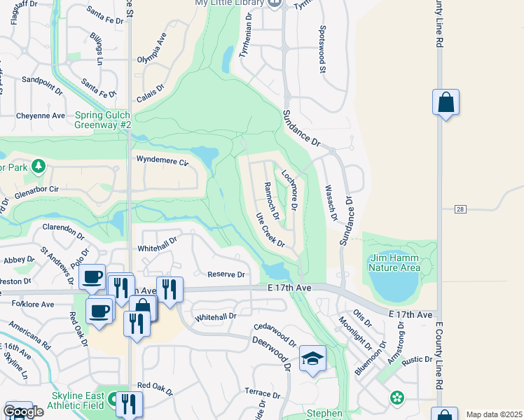 map of restaurants, bars, coffee shops, grocery stores, and more near 1874 Ute Creek Drive in Longmont