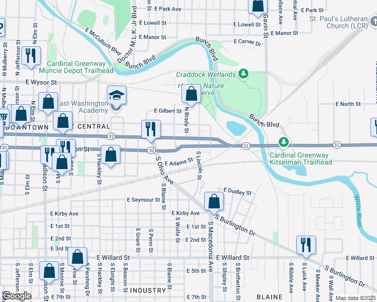 map of restaurants, bars, coffee shops, grocery stores, and more near 1501 East Jackson Street in Muncie