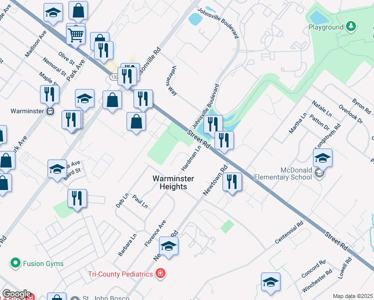 map of restaurants, bars, coffee shops, grocery stores, and more near 223 Lea Lane in Warminster