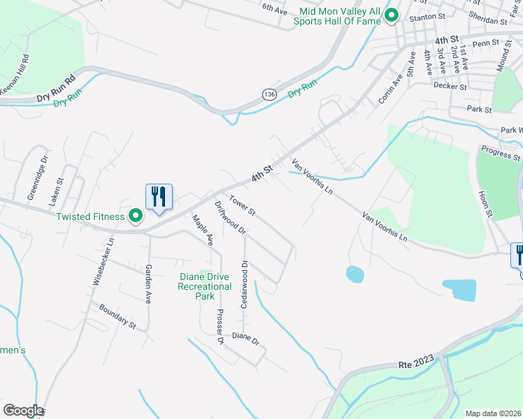 map of restaurants, bars, coffee shops, grocery stores, and more near 117 Tower Street in Monongahela