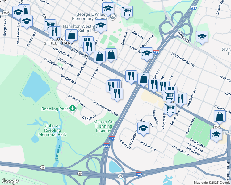 map of restaurants, bars, coffee shops, grocery stores, and more near 2465 South Broad Street in Hamilton Township