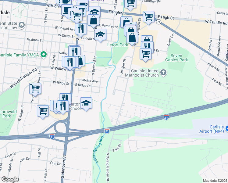 map of restaurants, bars, coffee shops, grocery stores, and more near 619 Mill Race Court in Carlisle