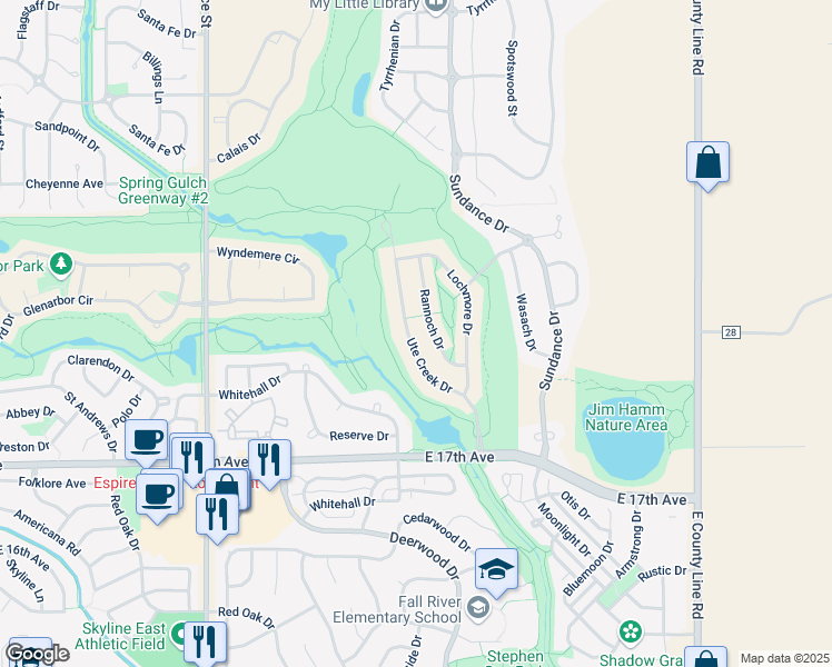 map of restaurants, bars, coffee shops, grocery stores, and more near 1874 Ute Creek Drive in Longmont