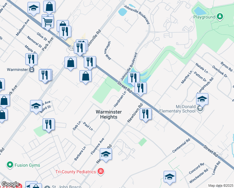 map of restaurants, bars, coffee shops, grocery stores, and more near 223 Lea Lane in Warminster