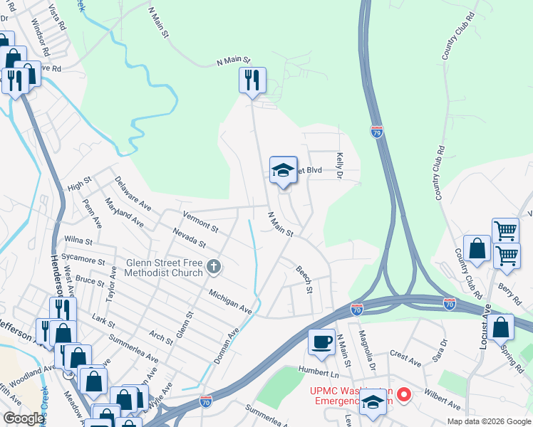 map of restaurants, bars, coffee shops, grocery stores, and more near 1489 North Main Street in Washington