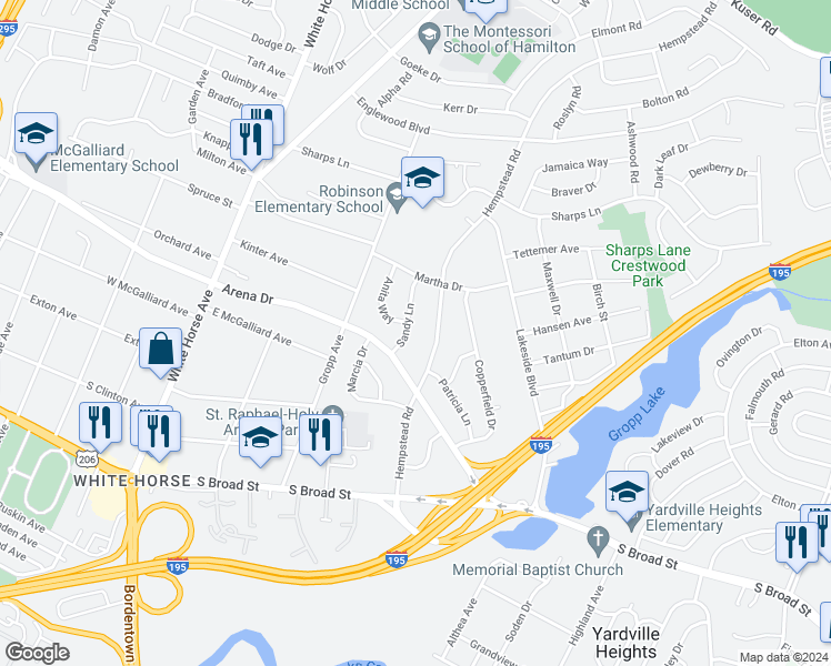 map of restaurants, bars, coffee shops, grocery stores, and more near 10 Sandy Lane in Trenton