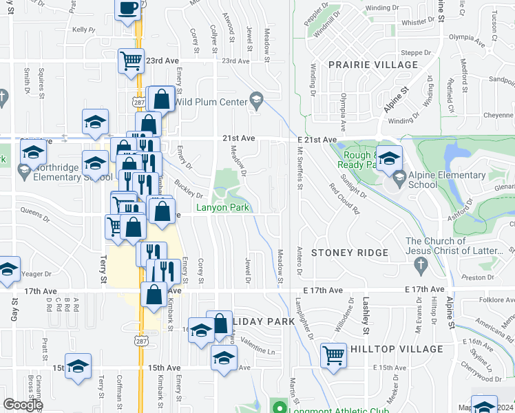 map of restaurants, bars, coffee shops, grocery stores, and more near 1903 Meadow Drive in Longmont