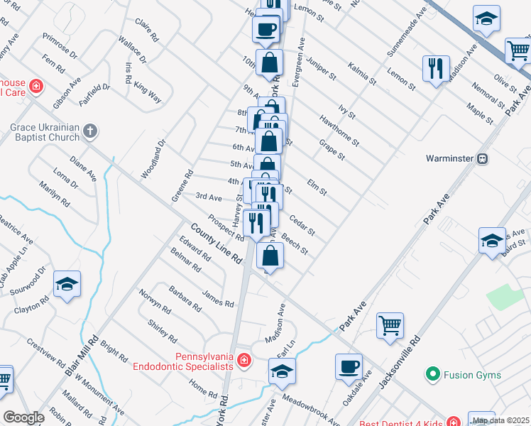 map of restaurants, bars, coffee shops, grocery stores, and more near 91 York Road in Warminster