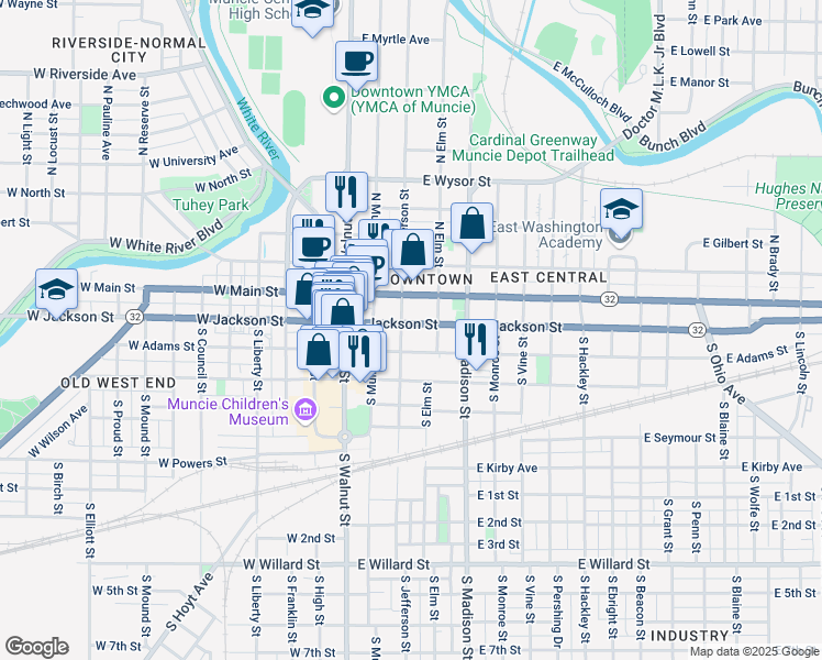 map of restaurants, bars, coffee shops, grocery stores, and more near 301 East Jackson Street in Muncie