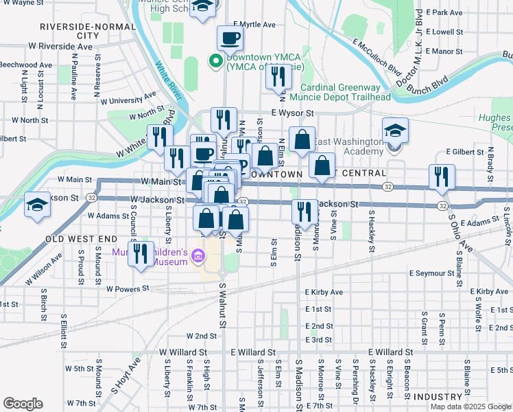 map of restaurants, bars, coffee shops, grocery stores, and more near 207 South Jefferson Street in Muncie