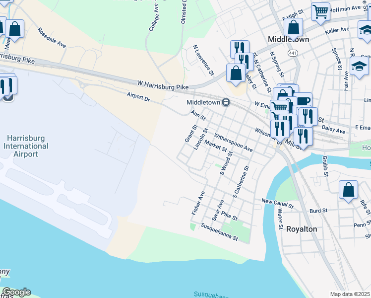 map of restaurants, bars, coffee shops, grocery stores, and more near 438 Grant Street in Middletown