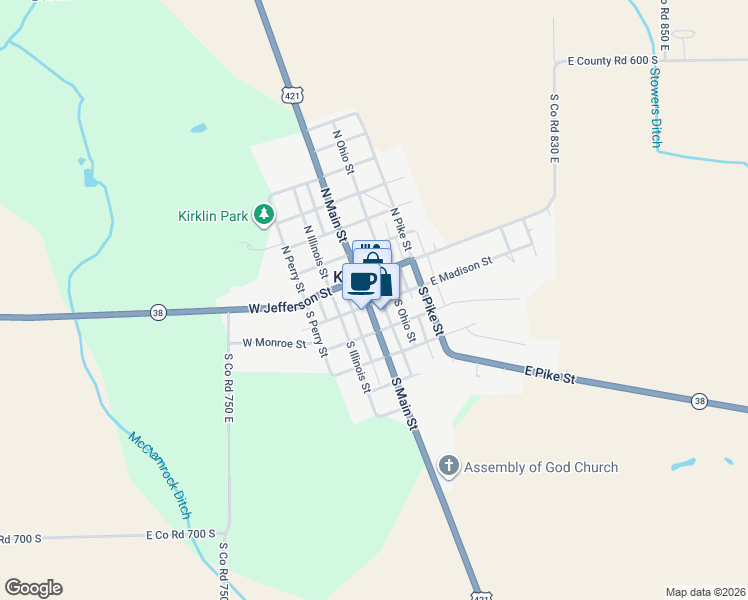 map of restaurants, bars, coffee shops, grocery stores, and more near 110 South Main Street in Kirklin