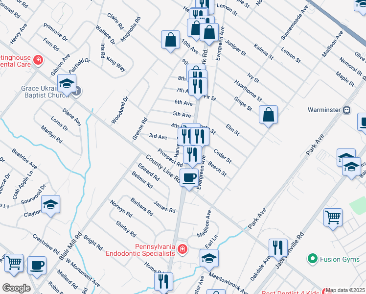 map of restaurants, bars, coffee shops, grocery stores, and more near 90 York Road in Warminster