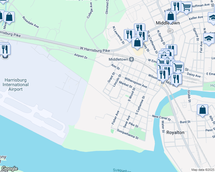 map of restaurants, bars, coffee shops, grocery stores, and more near 438 Grant Street in Middletown