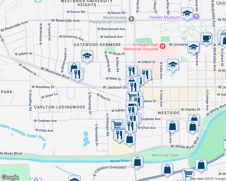 map of restaurants, bars, coffee shops, grocery stores, and more near 3009 West Jackson Street in Muncie