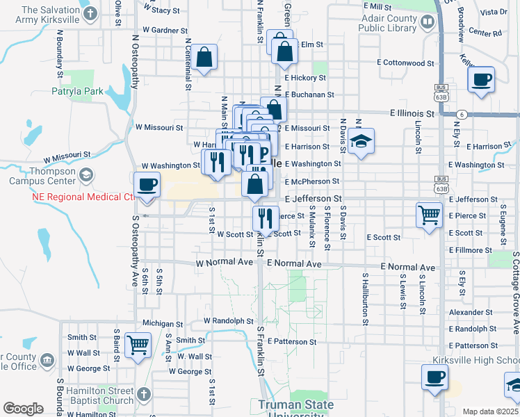 map of restaurants, bars, coffee shops, grocery stores, and more near 309 South Franklin Street in Kirksville