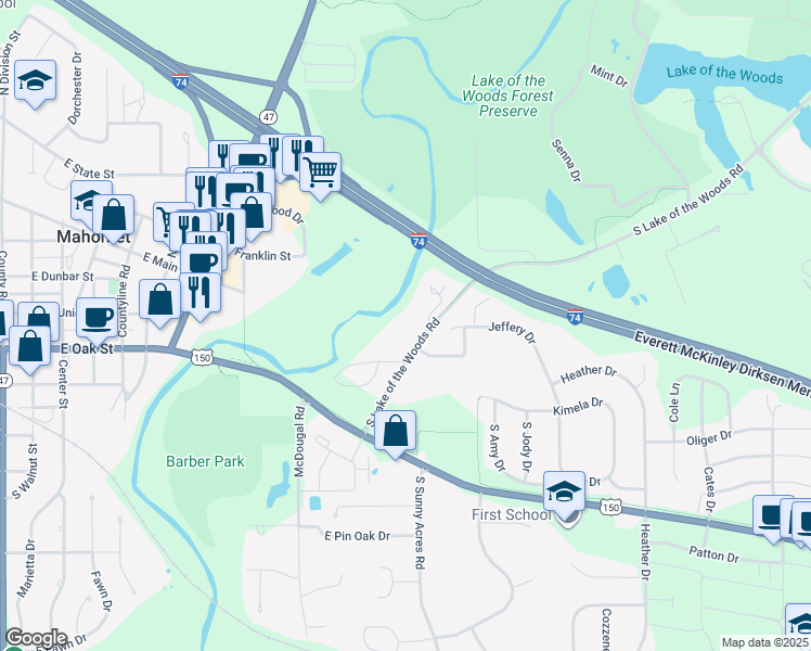 map of restaurants, bars, coffee shops, grocery stores, and more near 405 South Lake of the Woods Road in Mahomet
