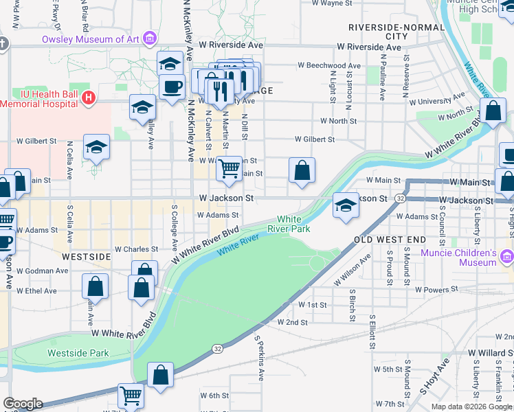 map of restaurants, bars, coffee shops, grocery stores, and more near 1509 West Jackson Street in Muncie