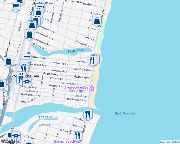map of restaurants, bars, coffee shops, grocery stores, and more near 521 North Ocean Avenue in Avon-by-the-Sea