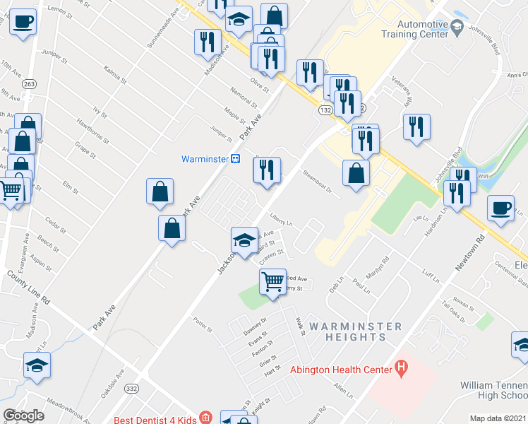 map of restaurants, bars, coffee shops, grocery stores, and more near 215 Jacksonville Road in Warminster